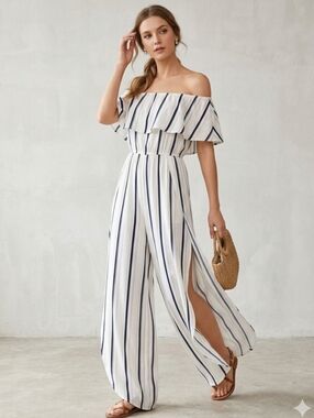 Hers & Mine Striped Off-Shoulder Wide-Leg Jumpsuit in White and Navy Medium New